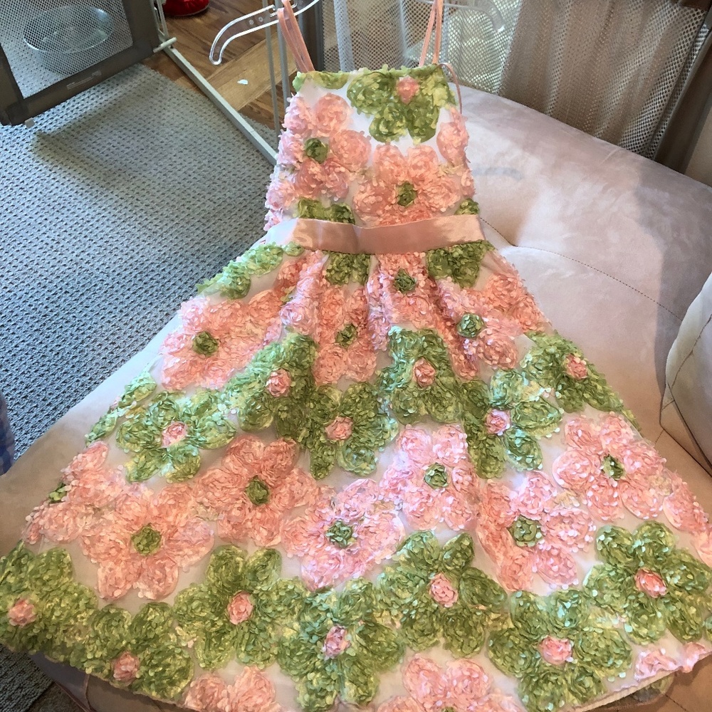 Lovely pink and green textured flower Easter dress